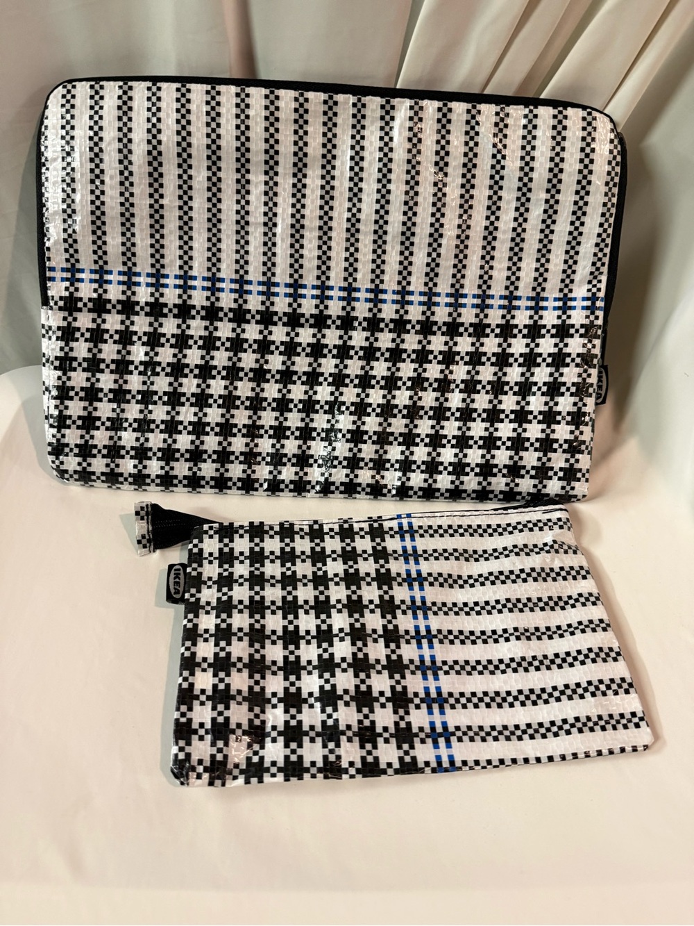 IKEA Black & White Check Laptop Sleeve with Blue Accent Pouch